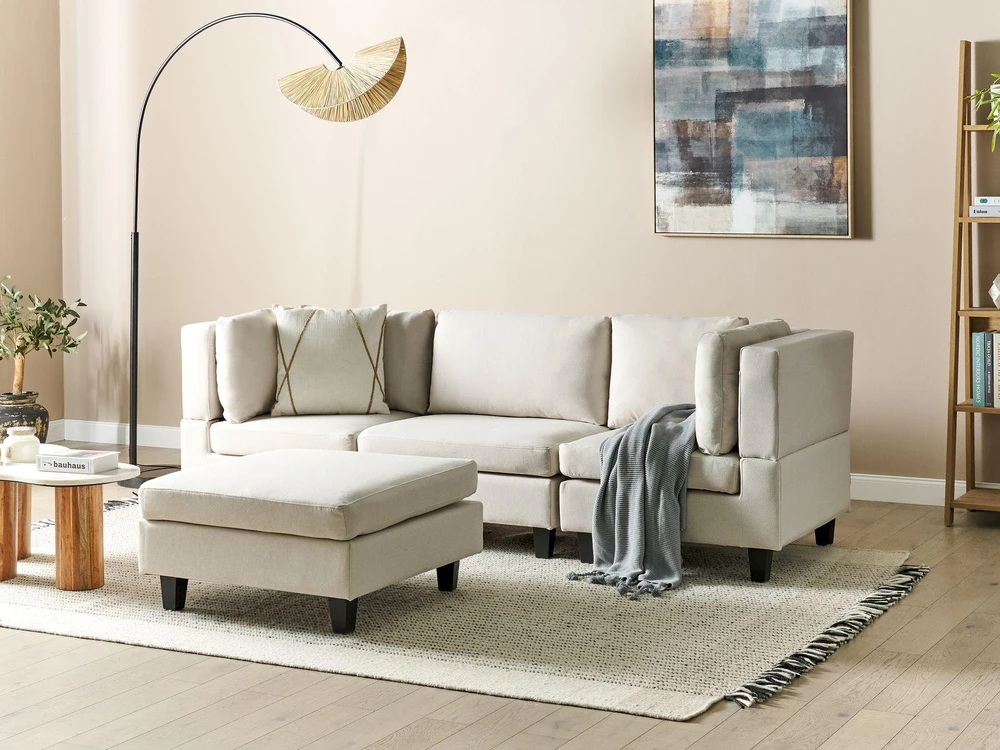Beliani Trijų vietų modulinė sofa UNSTAD, šviesiai smėlio spalvos su otomane