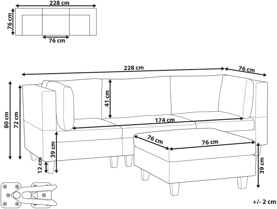 Beliani Trijų vietų modulinė sofa UNSTAD, šviesiai smėlio spalvos su otomane