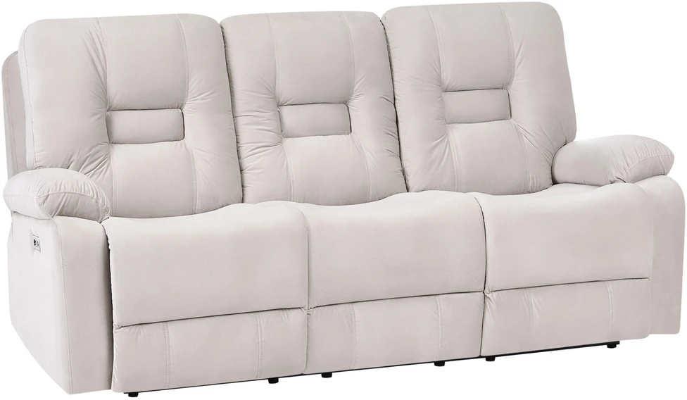 Beliani Trijų vietų sofa BERGEN su elektrine relaksacijos funkcija, veliūrinė, šviesiai smėlio spalvos, su USB prievadu