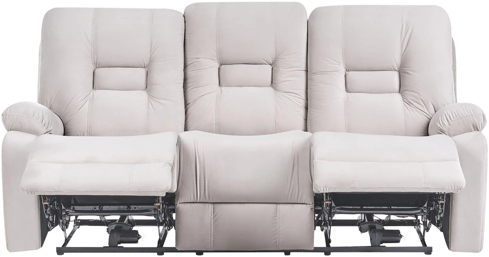 Beliani Trijų vietų sofa BERGEN su elektrine relaksacijos funkcija, veliūrinė, šviesiai smėlio spalvos, su USB prievadu