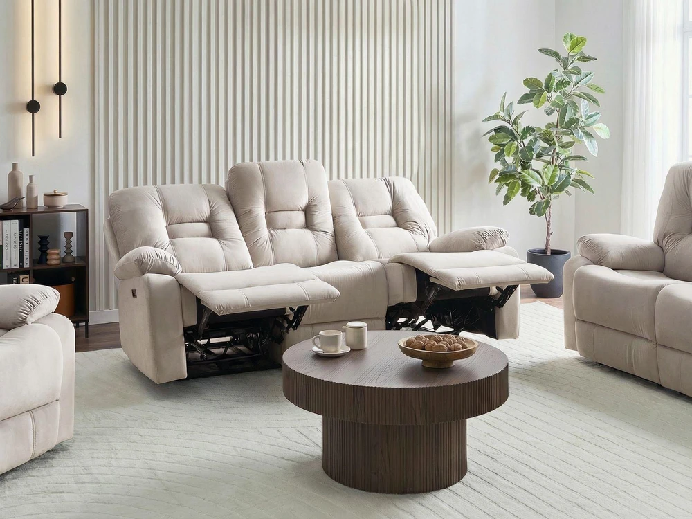 Beliani Trijų vietų sofa BERGEN su elektrine relaksacijos funkcija, veliūrinė, šviesiai smėlio spalvos, su USB prievadu