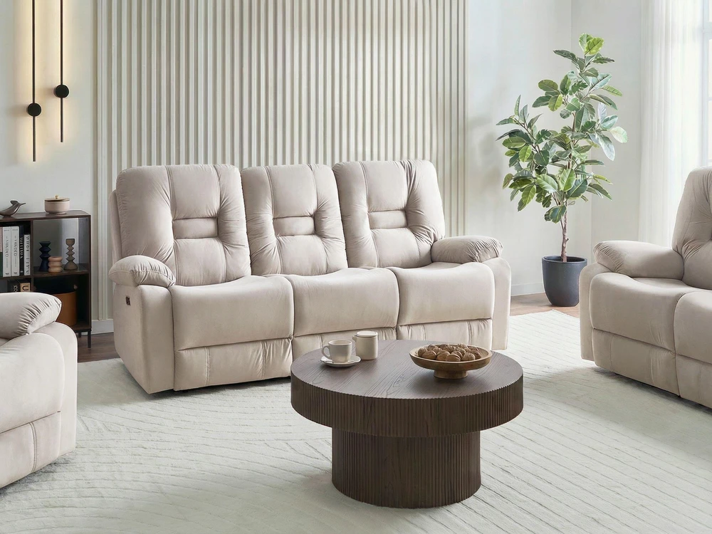 Beliani Trijų vietų sofa BERGEN su elektrine relaksacijos funkcija, veliūrinė, šviesiai smėlio spalvos, su USB prievadu