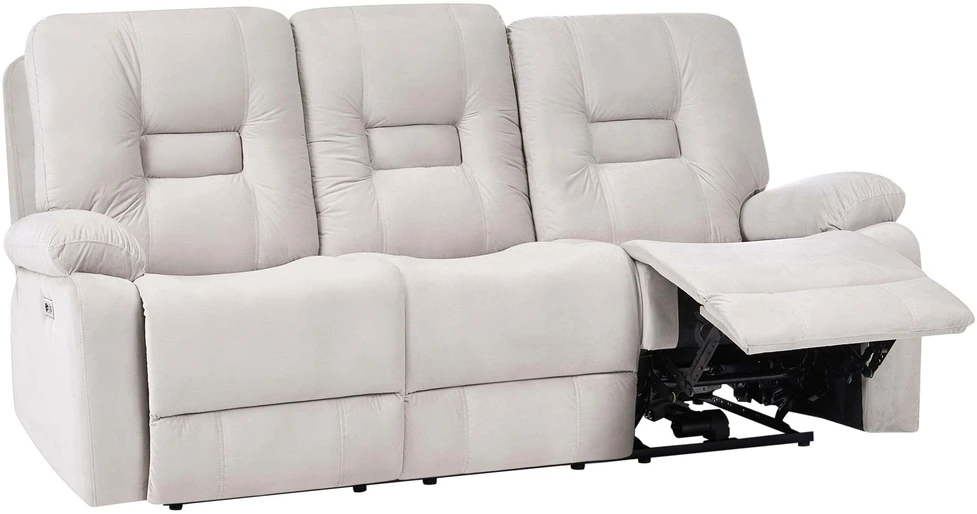 Beliani Trijų vietų sofa BERGEN su elektrine relaksacijos funkcija, veliūrinė, šviesiai smėlio spalvos, su USB prievadu