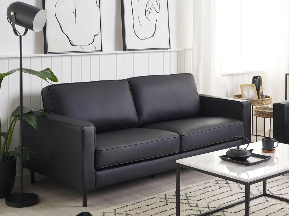Beliani Trijų vietų sofa SAVALEN iš natūralios odos, juoda