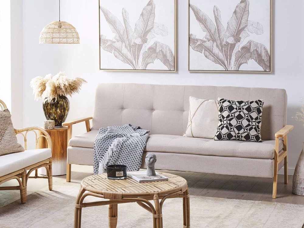 Beliani Trivenė išskleidžiama sofa TJORN smėlio spalvos