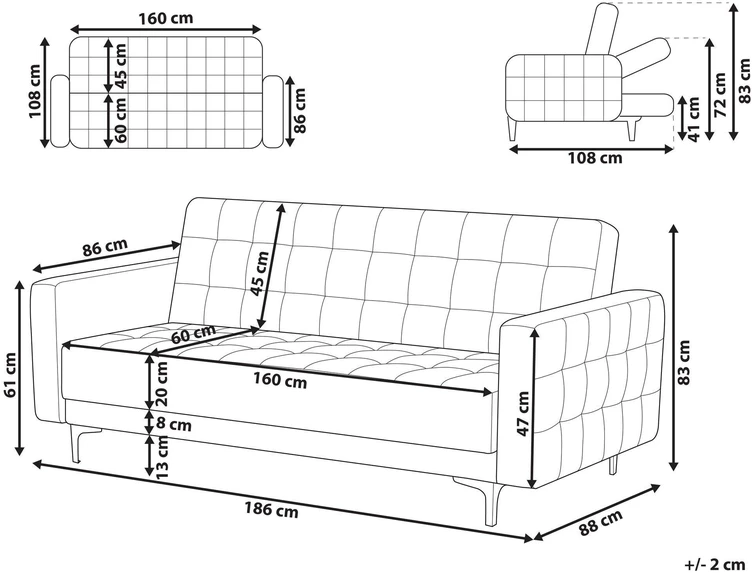 Beliani Trivietė išskleidžiama sofa ABERDEEN, veliūras, juoda