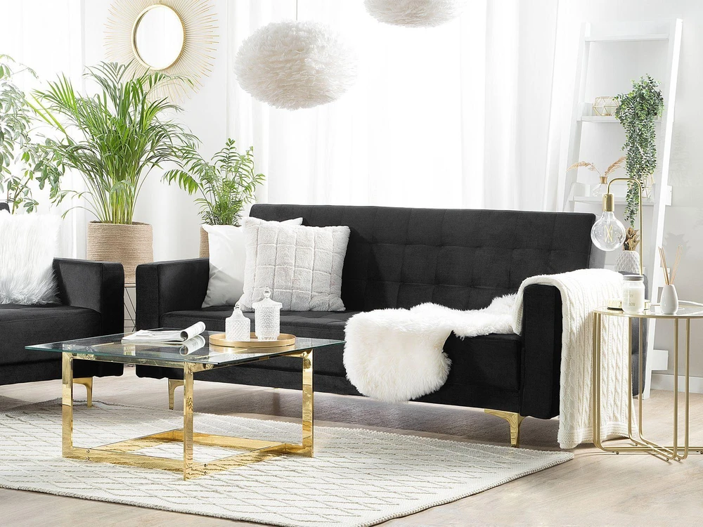 Beliani Trivietė išskleidžiama sofa ABERDEEN, veliūras, juoda