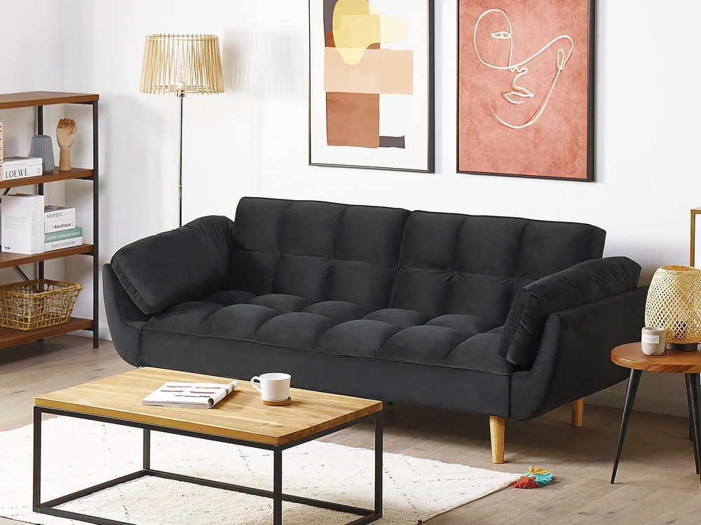 Beliani Trivietė išskleidžiama sofa ASBY, veliūras, juoda