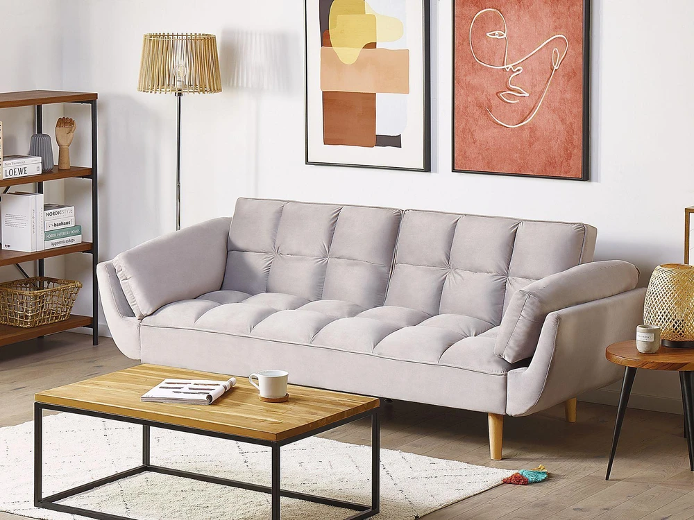 Beliani Trivietė išskleidžiama sofa ASBY, veliūrinė, šviesiai pilka