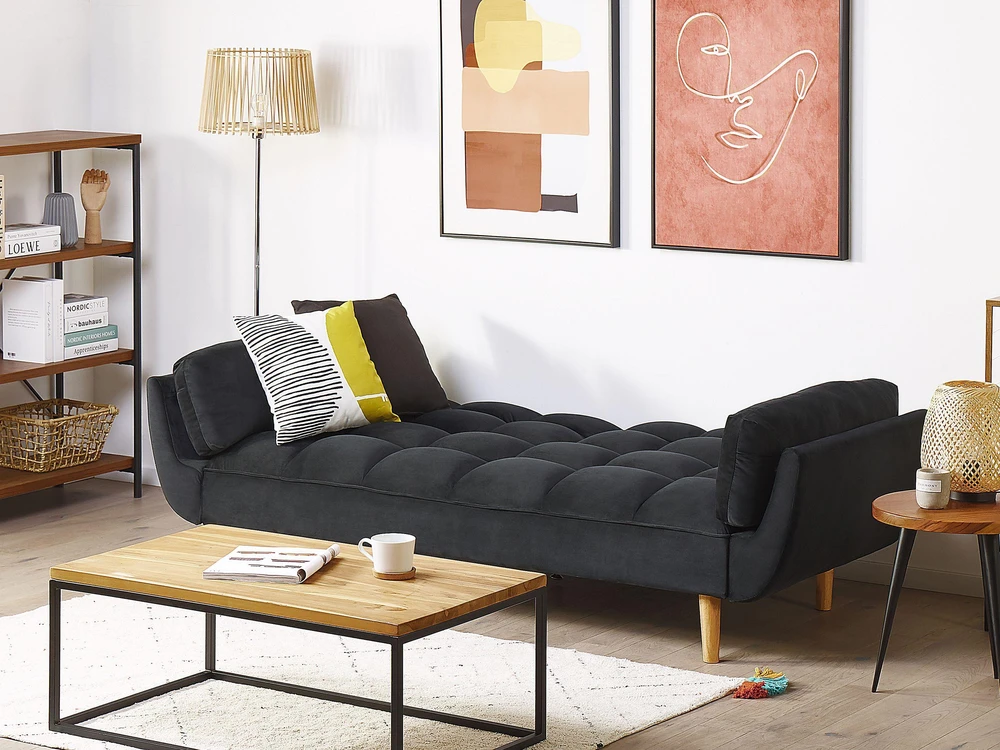 Beliani Trivietė išskleidžiama sofa ASBY, veliūras, juoda