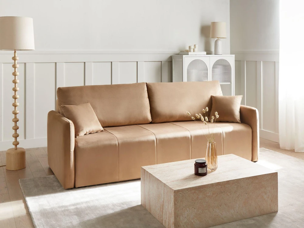 Beliani Trivietė išskleidžiama sofa EGGE, veliūras, šviesiai ruda