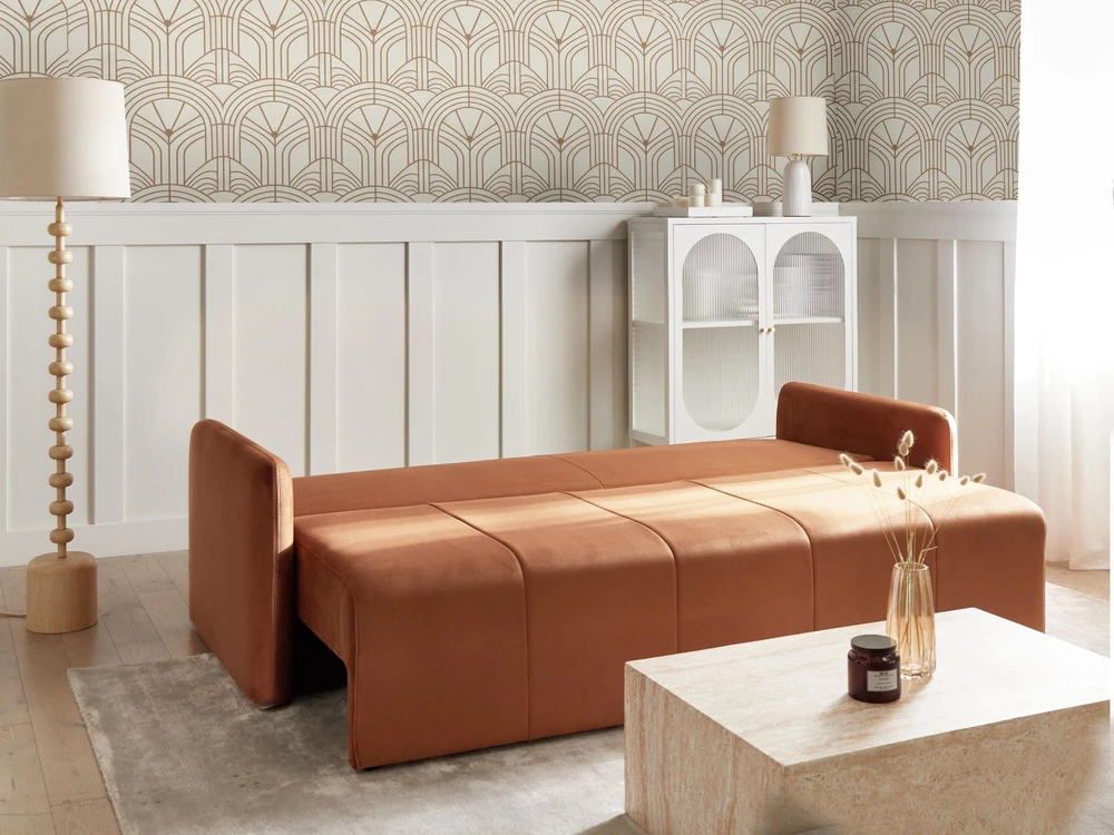 Beliani Trivietė išskleidžiama sofa EGGE, veliūras, auksinės rudos spalvos
