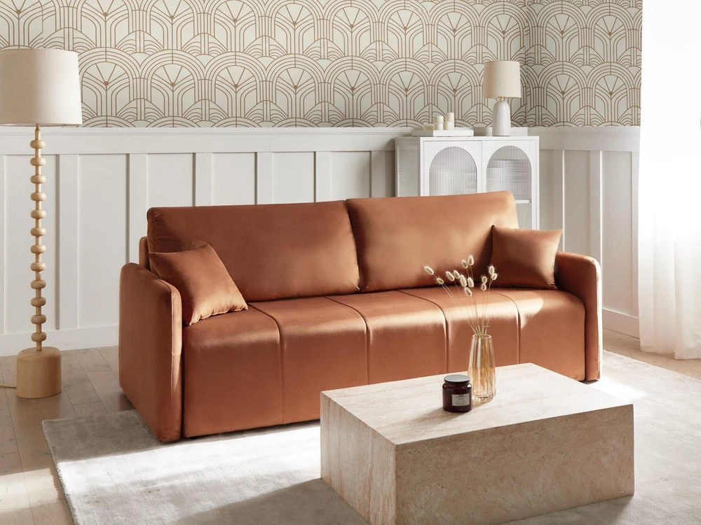 Beliani Trivietė išskleidžiama sofa EGGE, veliūras, auksinės rudos spalvos