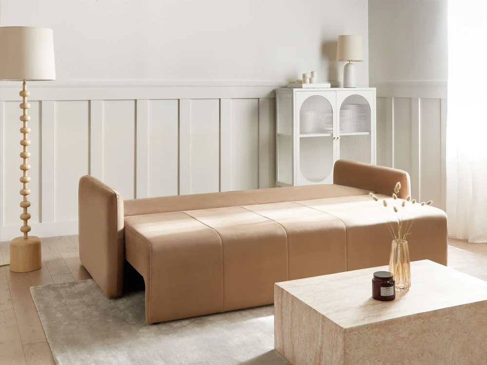 Beliani Trivietė išskleidžiama sofa EGGE, veliūras, šviesiai ruda