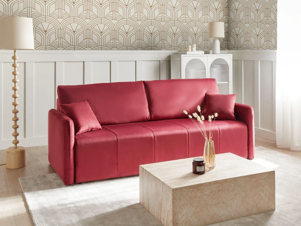 Beliani Trivietė išskleidžiama sofa EGGE, veliūras, burgundiška