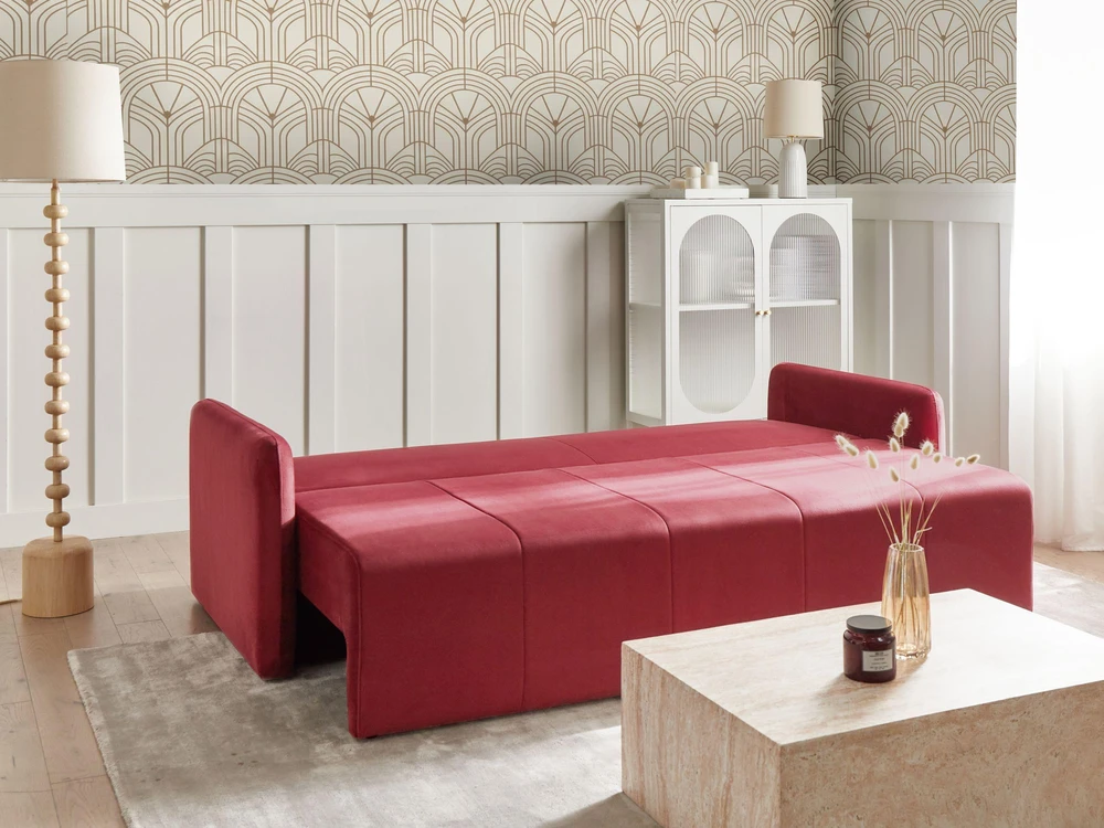 Beliani Trivietė išskleidžiama sofa EGGE, veliūras, burgundiška