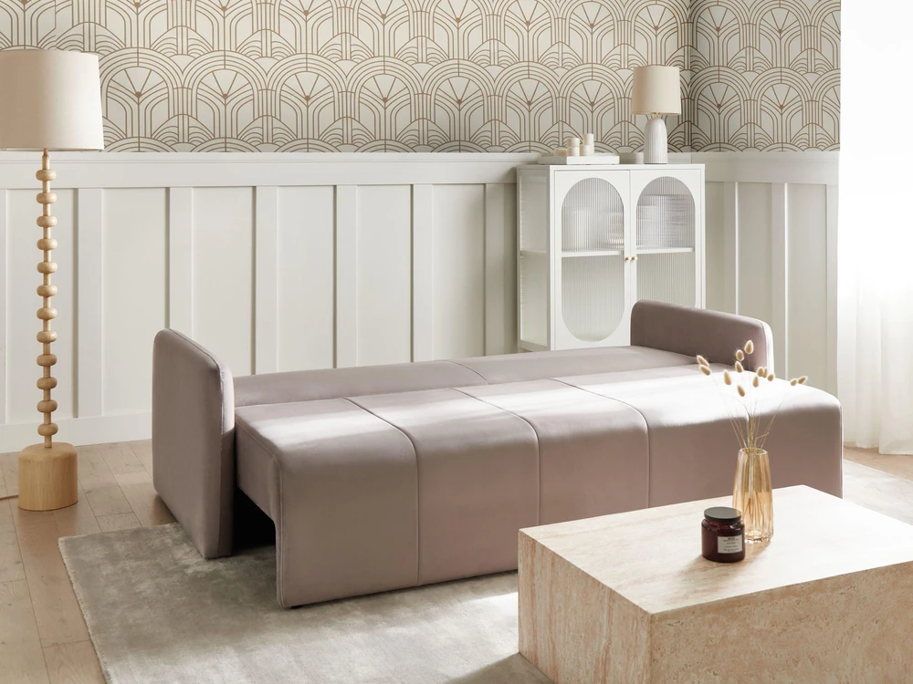 Beliani Trivietė išskleidžiama sofa EGGE, veliuras, smėlio pilkos spalvos