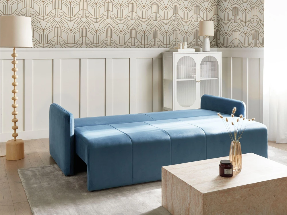 Beliani Trivietė išskleidžiama sofa EGGE, veliūras, mėlyna
