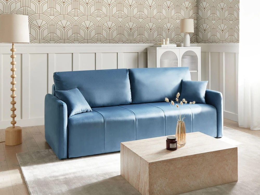 Beliani Trivietė išskleidžiama sofa EGGE, veliūras, mėlyna