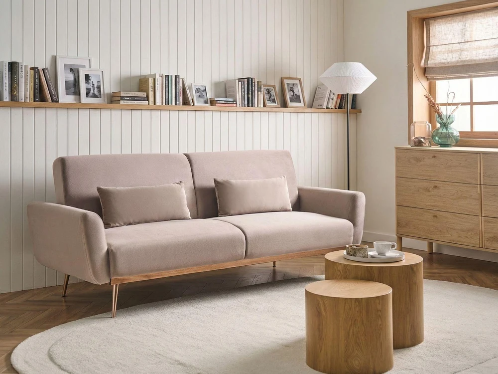 Beliani Trivietė išskleidžiama sofa EINA, veliūrinė, smėlio ir pilkšvai smėlio spalvos