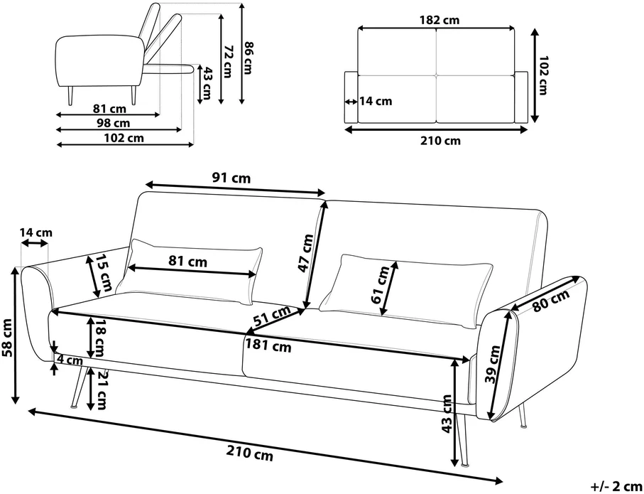 Beliani Trivietė išskleidžiama sofa EINA, veliūras, smaragdinė
