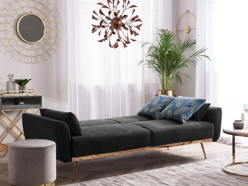 Beliani Trivietė išskleidžiama sofa EINA, veliūras, juoda