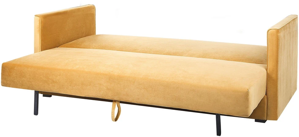 Beliani Trivietė išskleidžiama sofa EKSJO, veliūrinė, garstyčių spalvos, su patalynės dėže