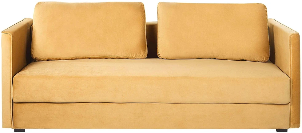 Beliani Trivietė išskleidžiama sofa EKSJO, veliūrinė, garstyčių spalvos, su patalynės dėže