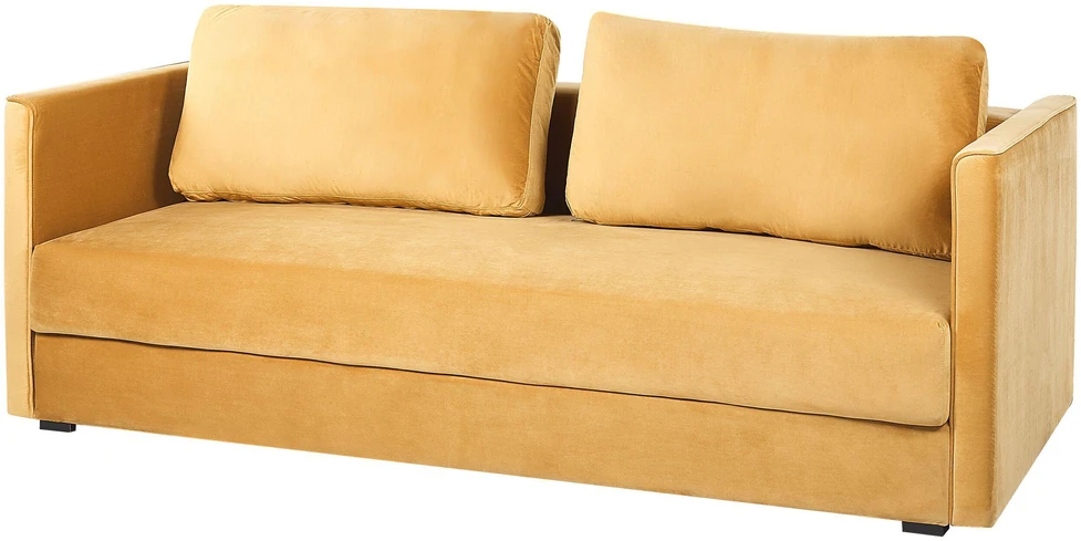 Beliani Trivietė išskleidžiama sofa EKSJO, veliūrinė, garstyčių spalvos, su patalynės dėže