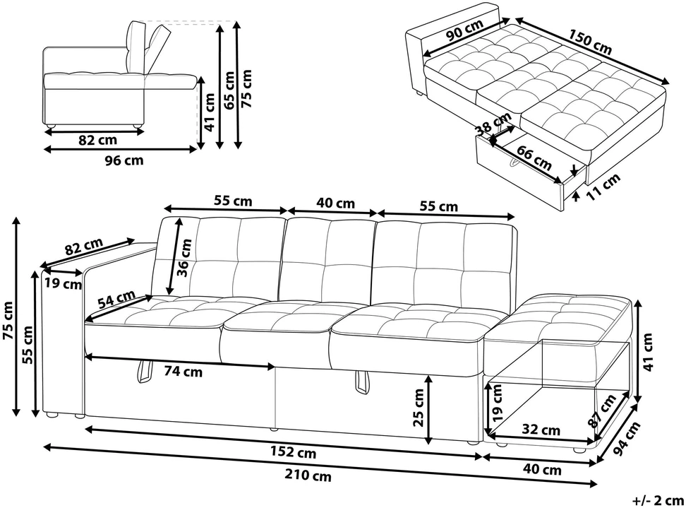 Beliani Trivietė išskleidžiama sofa FALSTER, šviesiai ruda, su daiktadėže