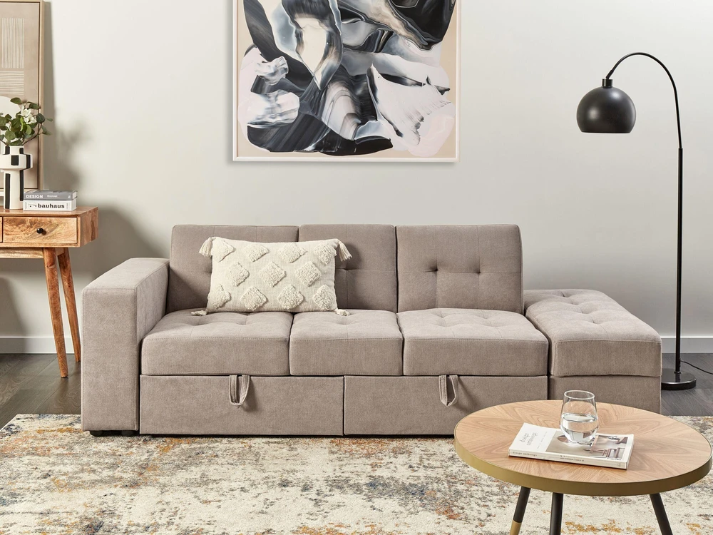 Beliani Trivietė išskleidžiama sofa FALSTER, šviesiai ruda, su daiktadėže