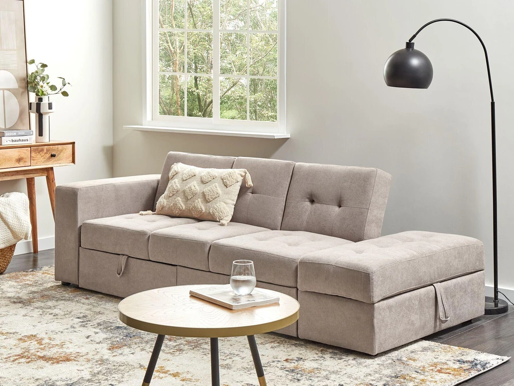 Beliani Trivietė išskleidžiama sofa FALSTER, šviesiai ruda, su daiktadėže