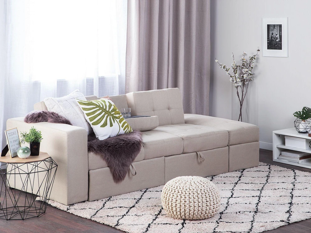 Beliani Trivietė išskleidžiama sofa FALSTER, smėlio spalvos, su patalynės dėže