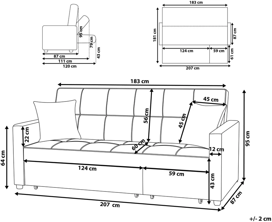 Beliani Trivietė išskleidžiama sofa GLOMMA, juoda