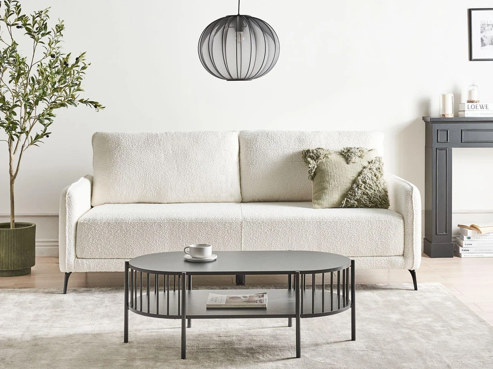 Beliani Trivietė išskleidžiama sofa HEMING, boucle audinys, dramblio kaulo balta