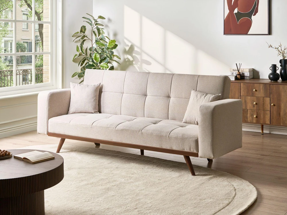 Beliani Trivietė išskleidžiama sofa HJULBY šviesiai smėlio spalvos