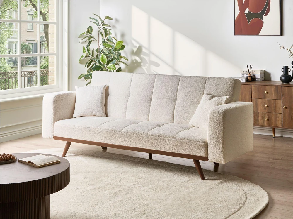 Beliani Trivietė išskleidžiama sofa HJULBY Boucle, kreminės spalvos