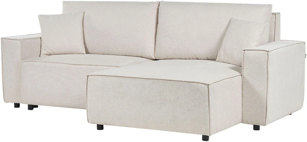 Beliani Trivietė išskleidžiama sofa KARILA, šviesiai smėlio spalvos, su patalynės dėže, kairinė