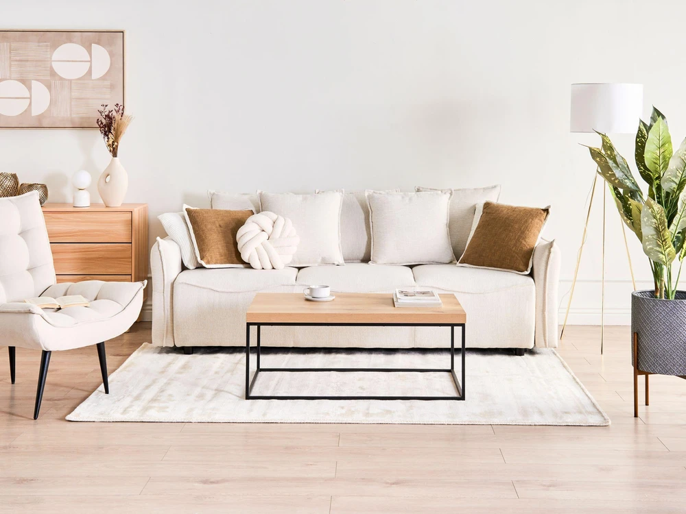 Beliani Trivietė išskleidžiama sofa KRAMA, kreminė balta su patalynės dėže