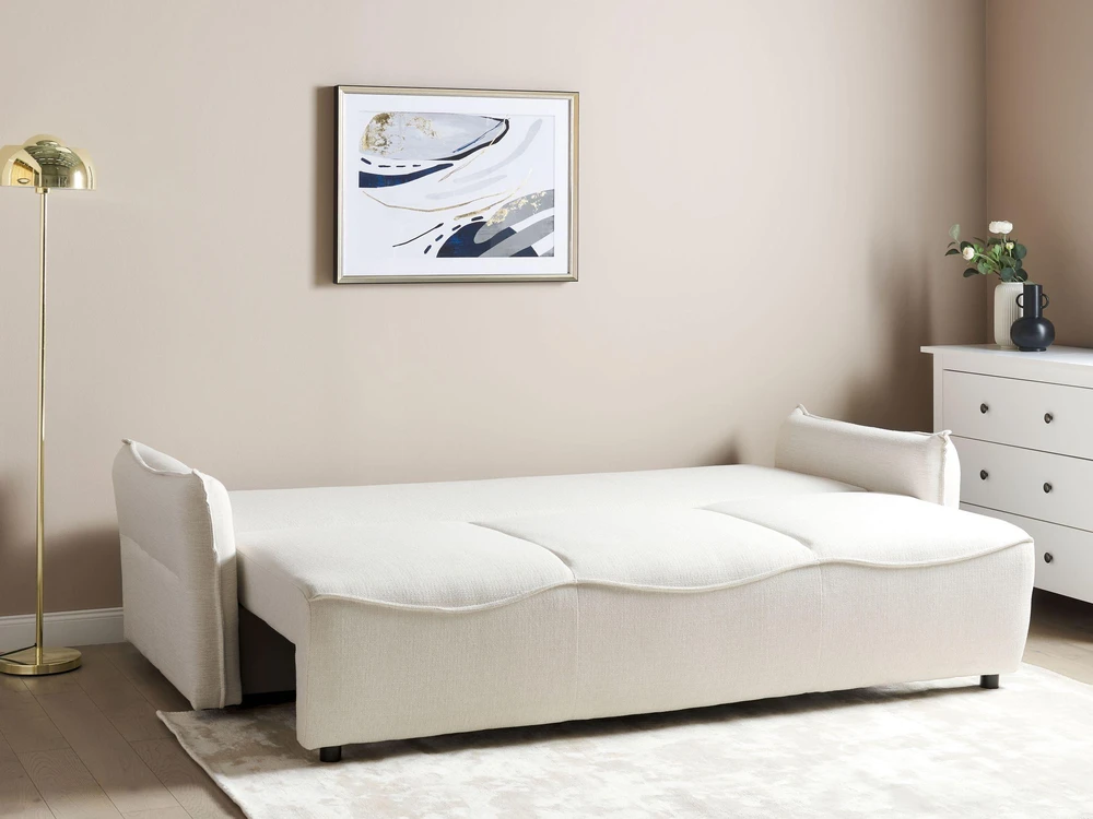 Beliani Trivietė išskleidžiama sofa KRAMA, kreminė balta su patalynės dėže