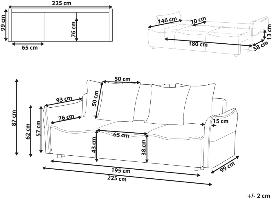 Beliani Trivietė išskleidžiama sofa KRAMA, kreminė balta su patalynės dėže