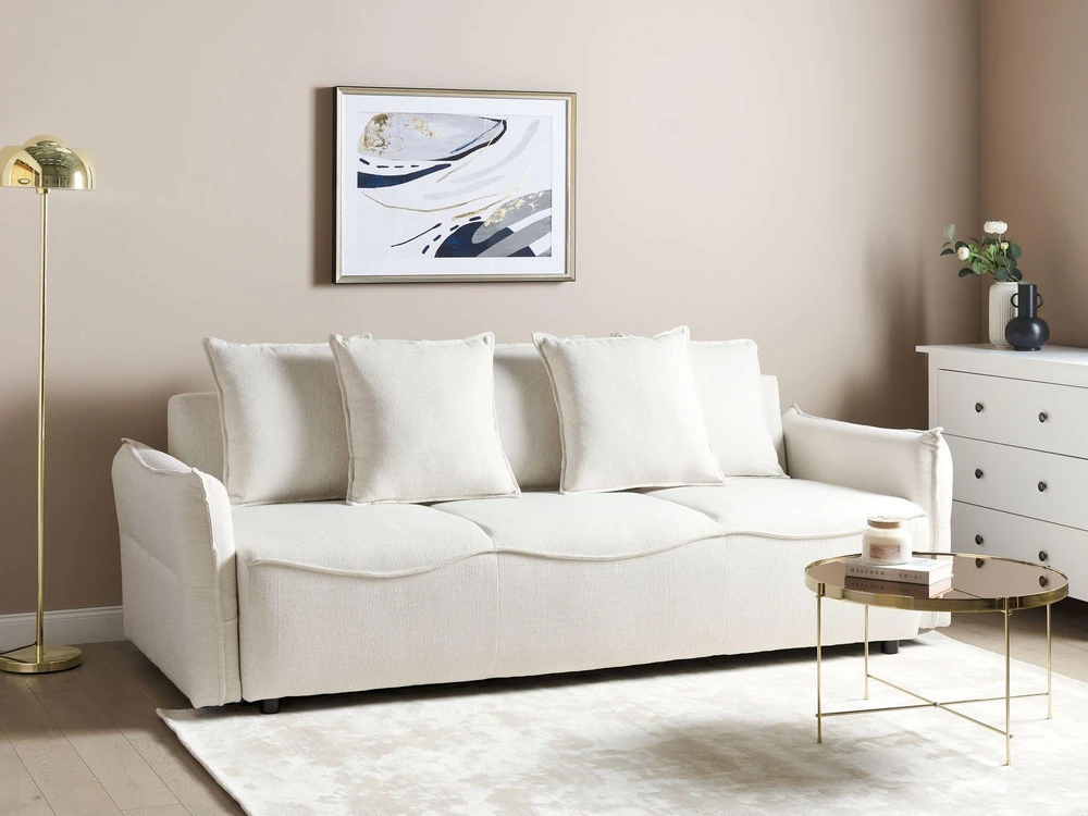 Beliani Trivietė išskleidžiama sofa KRAMA, kreminė balta su patalynės dėže