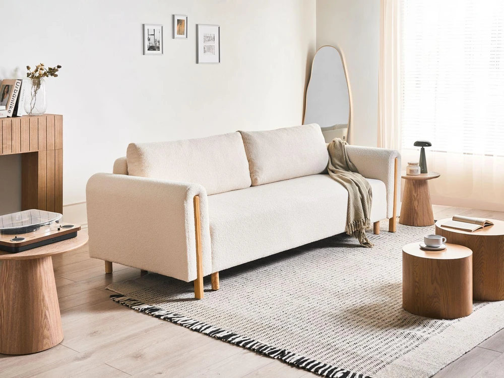 Beliani Trivietė išskleidžiama sofa KVAM Boucle, kreminės spalvos su patalynės dėže