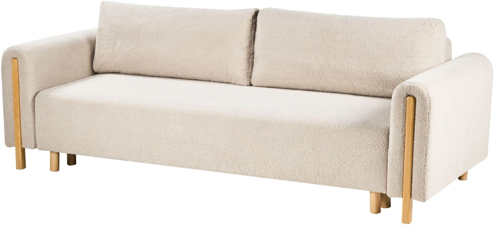 Beliani Trivietė išskleidžiama sofa KVAM, „Boucle“ audinys, šviesiai smėlinė spalva su patalynės dėže