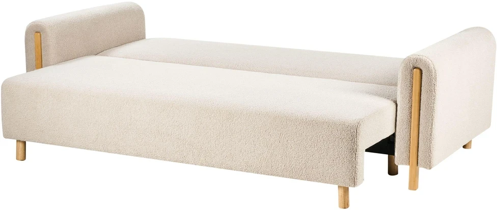 Beliani Trivietė išskleidžiama sofa KVAM, „Boucle“ audinys, šviesiai smėlinė spalva su patalynės dėže