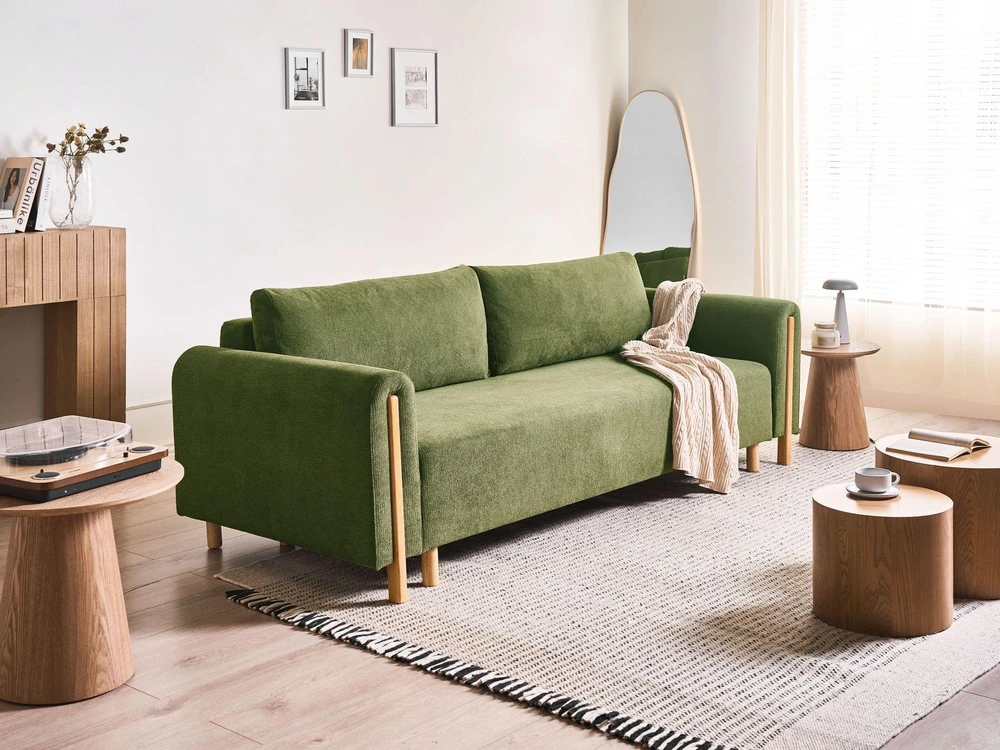 Beliani Trivietė išskleidžiama sofa KVAM, žalia su patalynės dėže