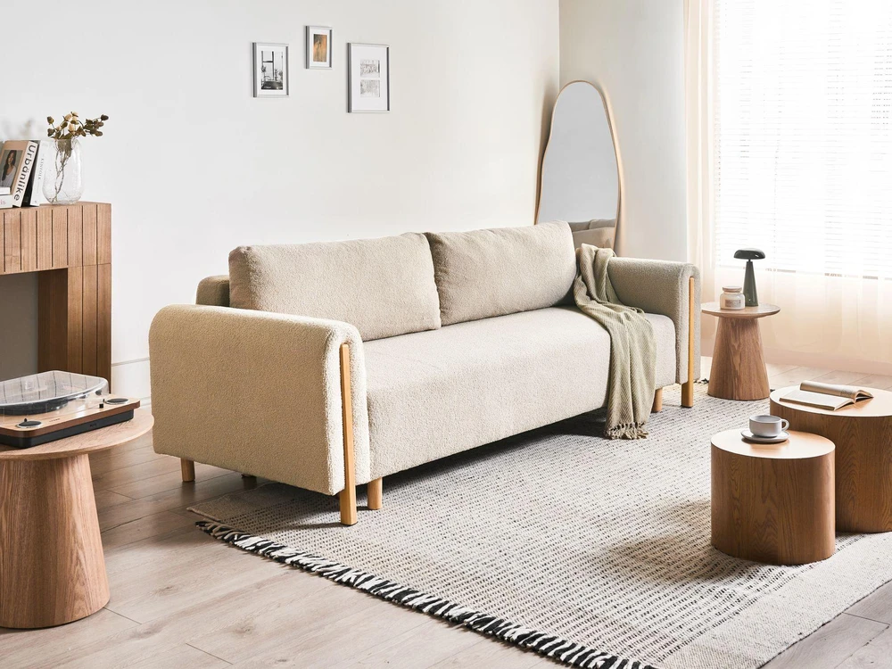 Beliani Trivietė išskleidžiama sofa KVAM, „Boucle“ audinys, šviesiai smėlinė spalva su patalynės dėže