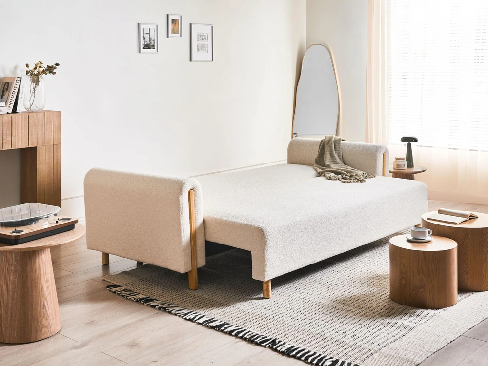 Beliani Trivietė išskleidžiama sofa KVAM Boucle, kreminės spalvos su patalynės dėže