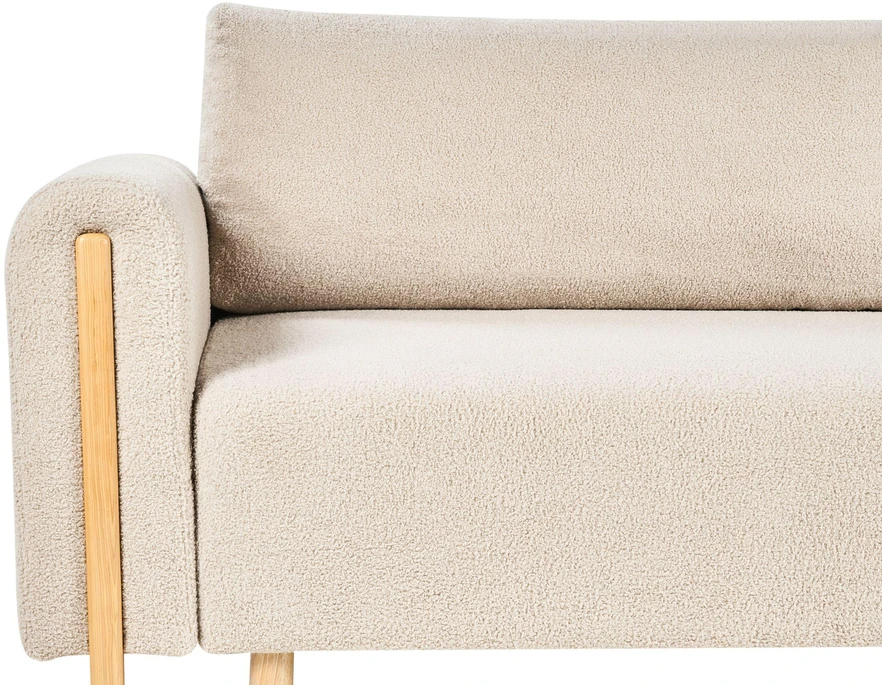 Beliani Trivietė išskleidžiama sofa KVAM, „Boucle“ audinys, šviesiai smėlinė spalva su patalynės dėže