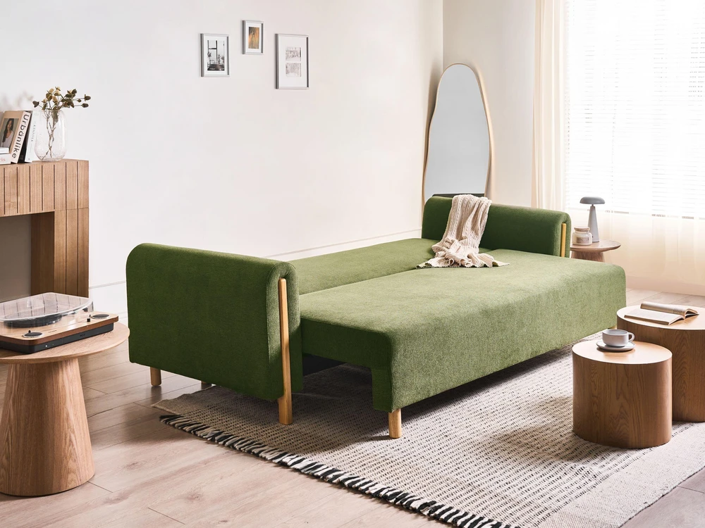 Beliani Trivietė išskleidžiama sofa KVAM, žalia su patalynės dėže